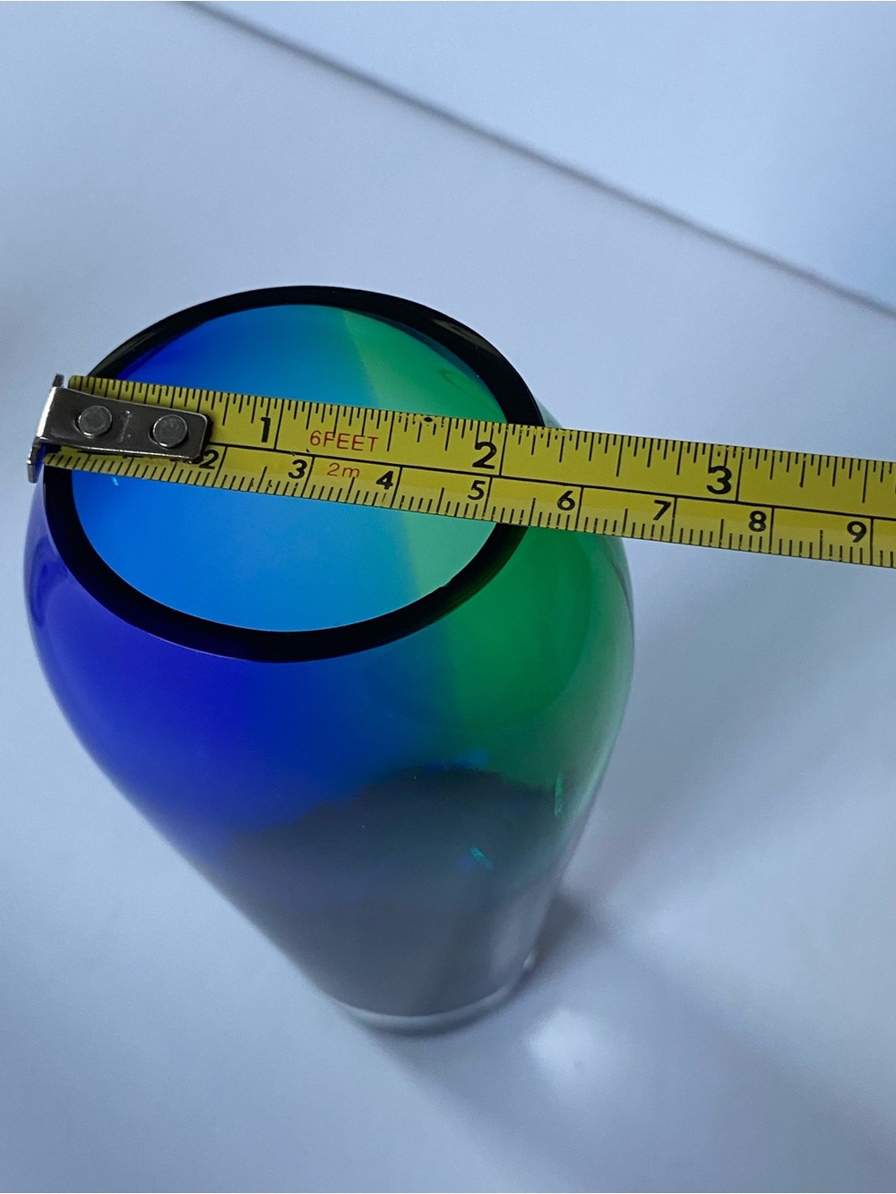 Vintage Blue Green Ombre Vase 8” Tall Hand Blown. Has a Flat Cut Edge top EUC - Picture 14 of 16